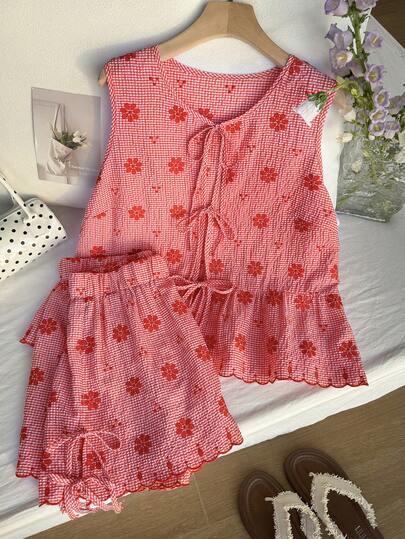 Comfortcana Conjunto de 2 piezas talla grande: Blusa con nudo delantero a cuadros florales y shorts, estilo casual de vacaciones, primavera/verano