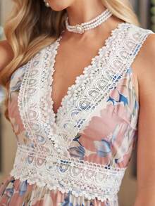 Amorya 女士新款优雅春季印花蕾丝拼接度假连衣裙，春夏款 - 彩色 - 查看 8