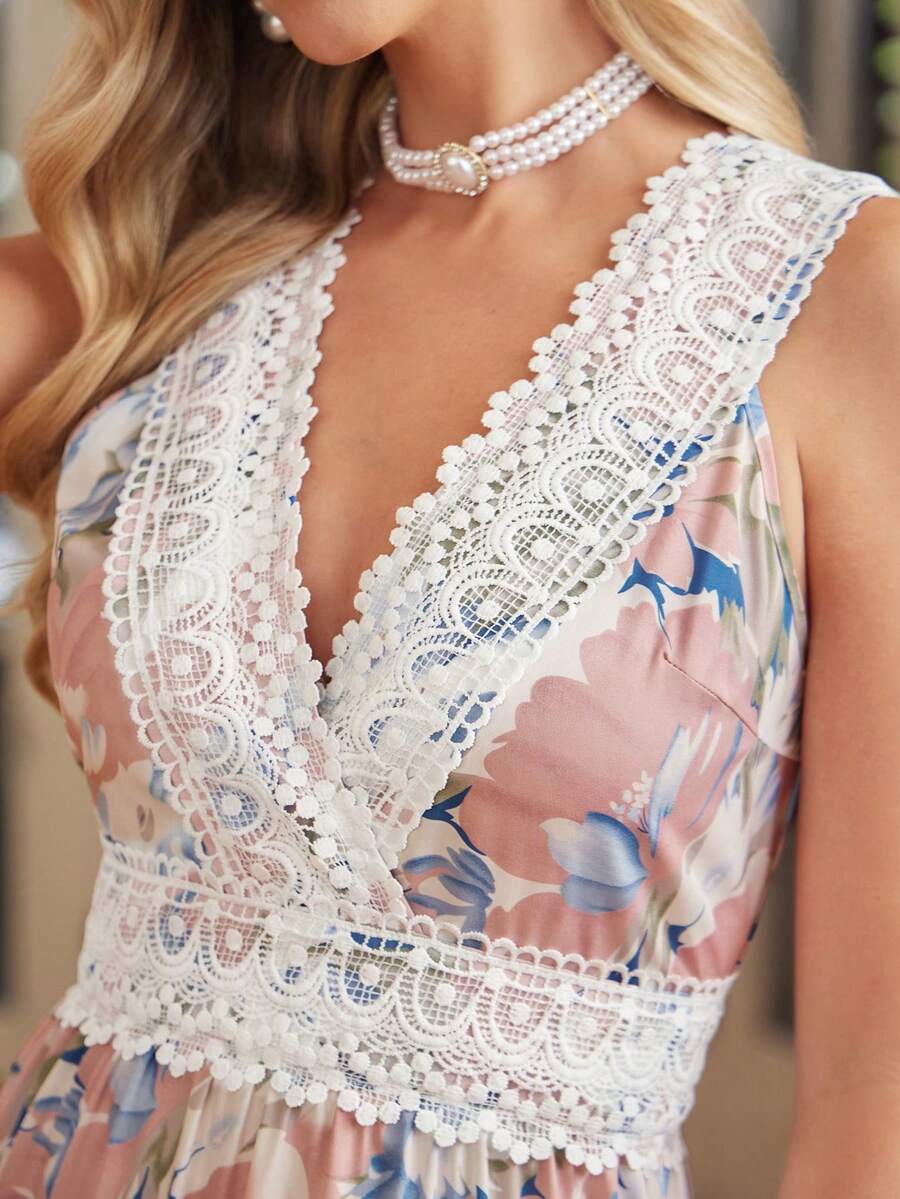 Amorya Đầm nghỉ mát nữ thanh lịch mới, họa tiết hoa mùa xuân, phối ren, thích hợp cho mùa xuân/hè. - Nhiều màu - Xem 1