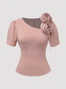 Franclia Nude Pink Bubble Short Sleeve Fitted Top / Elegant T-Shirt With 3D Rose & Pearl Chain Design - Baby Pink - View 1