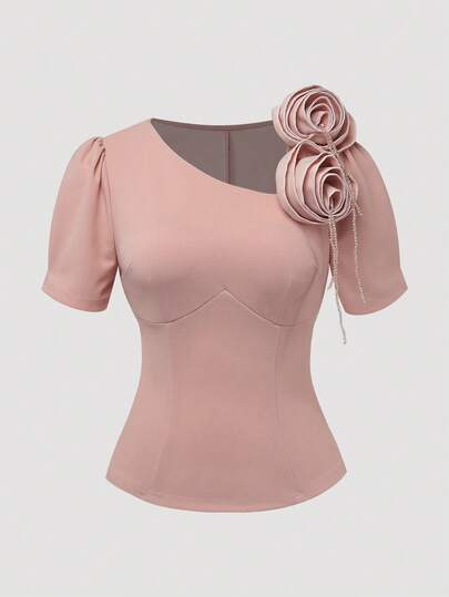 Franclia Nude Pink Bubble Short Sleeve Fitted Top / Elegant T-Shirt With 3D Rose & Pearl Chain Design
