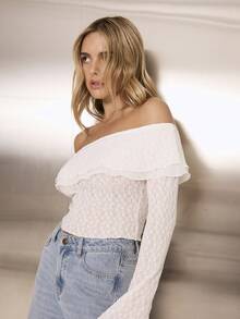 Aralina Floral Lace And Mesh Long Sleeve Off The Shoulder Strapless Top - Beige - View 7