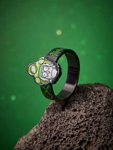 Rick and Morty X SHEIN 跨境热销锌合金卡通动物图案印花戒指，小众高端感，简约大气，适合各种派对、音乐会、节日等场合。 - 槍黑色 - 查看 4