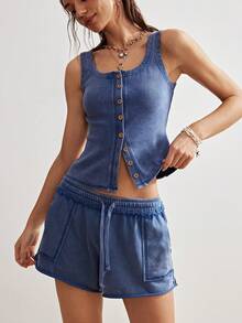 Bohemela 2件套 女士休闲纯色针织修身背心和低腰短裤 - 藏蓝色 - 查看 8