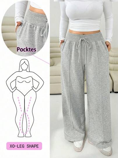 Solflare 2026 Spring/Summer New Casual Outgoing Daily Wear, Dating, Birthday Party, Music Festival, Back To School, Vacation, New Year, Home, Commute, Streetwear, Sportswear, Multi-Occasion Wear, Can Be Worn Outerwear Or Layering, Ribbed Waistband With Drawstring, Loose, Sweatshirt Material, Heather Gray, Plus Size Pants