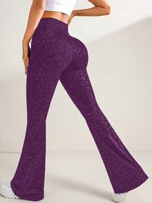 SHEIN Sports 纯色印花高腰口袋拼接喇叭裤 - Bold Plum - 查看 2