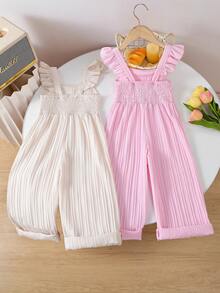 2pcs/Set Sweet Solid Color Casual Versatile Jumpsuits For Young Girls, Featuring Ruffle Strap Decor And Vertical Texture Fabric, Sleeveless, Soft & Comfortable, Suitable For Spring & Autumn, Fits Ages 4Y-7Y - Multicolor - View 2