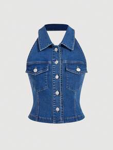 SHEIN Sweetro Women's Fashionable Casual Slim-Fit Sleeveless Denim Top - Medium Wash - View 1