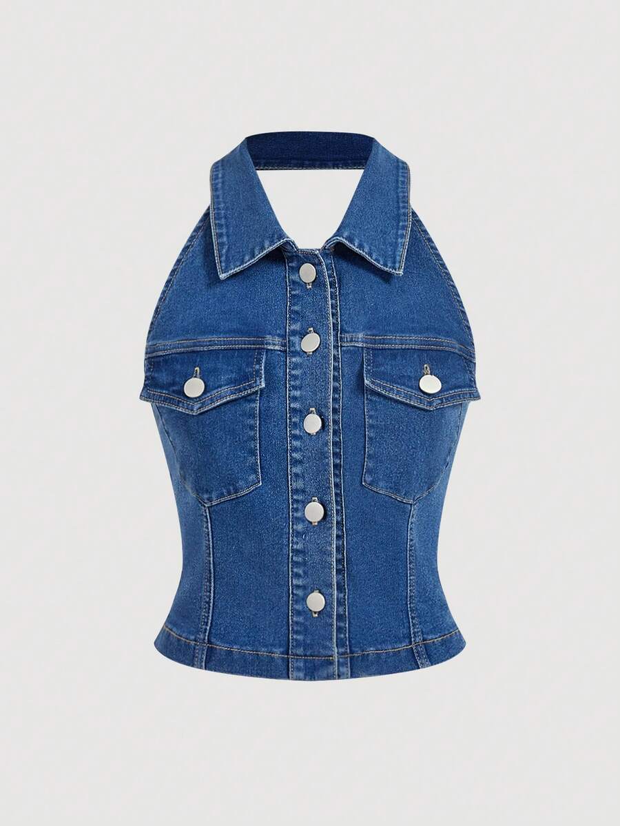 SHEIN Sweetro Women's Fashionable Casual Slim-Fit Sleeveless Denim Top - Medium Wash - View 1