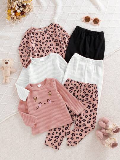 SHEIN Playful Pals 6pcs Infant Girl Spring & Autumn Casual, Simple, Cute, Sweet Brown Leopard Print Top, Pink/Apricot Top Paired With Matching Pants, 3 Sets Combination Outfit Suitable For School And Daily Wear