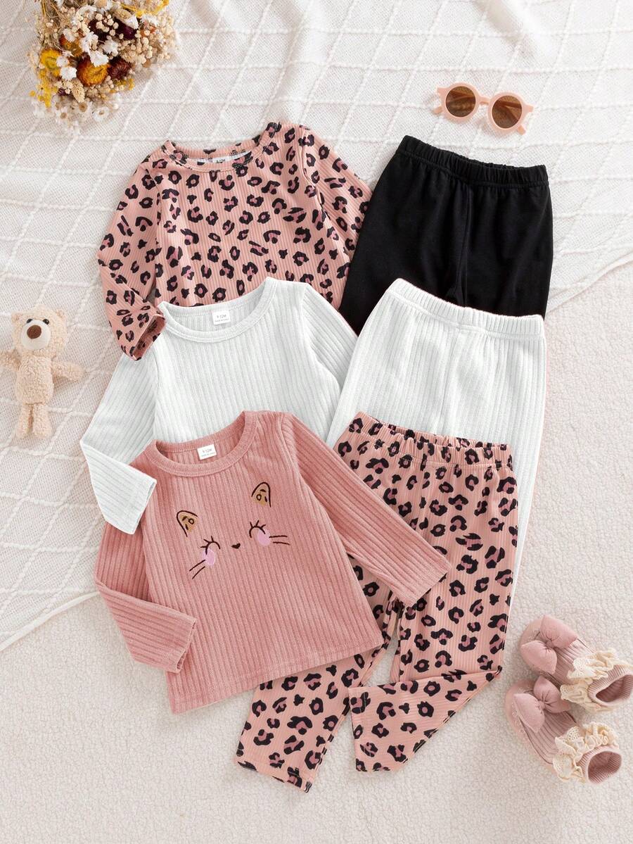SHEIN Playful Pals Bộ 6 món cho bé gái sơ sinh mùa xuân và thu, kiểu dáng thường ngày, đơn giản, dễ thương, ngọt ngào với họa tiết da báo nâu, áo hồng/màu mơ phối cùng quần cùng màu, thích hợp cho đi học và mặc hàng ngày. - Nhiều màu - Xem 1