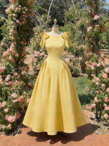 SHEIN MOD 黄色蝴蝶结装饰褶皱连衣裙 - 淡黃色 - 查看 4