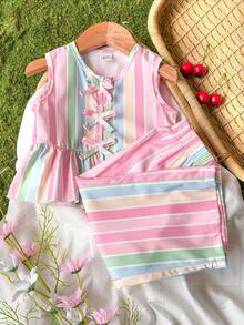 SHEIN Vintaside Kids 2件套女婴幼儿/新生儿0-3岁春夏休闲甜美日常度假条纹梭织无袖上衣和阔腿裤套装 - 粉色 - 查看 8