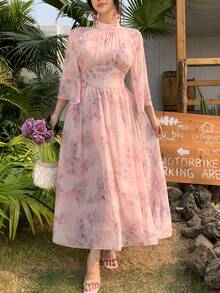 DAZY 女士优雅印花立领荷叶袖中长连衣裙，春夏婚礼宾客礼服 - 粉色 - 查看 8