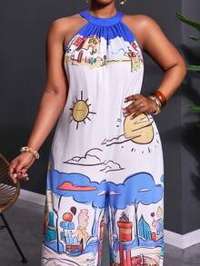 Veslaya Bộ jumpsuit ống rộng không tay in họa tiết hình học cỡ lớn Slayr, phong cách thường ngày cho kỳ nghỉ. - Màu xanh lam - Xem 13