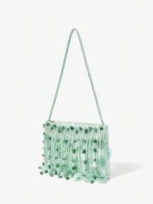 女士单肩包，时尚、优雅、简约、个性化、百搭，饰有串珠和贝壳，适合海滩、度假、假日、夏季、海边、约会、下午茶、海岛派对、日常使用，缀满串珠的迷你包，可爱俏皮，少女心满满的夏季场合必备单品 - 薄荷綠 - 查看 3