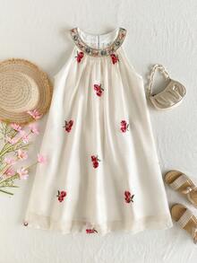SHEIN Tween Girls Floral Embroidered Sleeveless Dress - Apricot - View 6