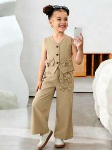 Genkimix Kids Bộ đồ bé gái 4-7 tuổi mùa xuân/hè gồm áo vest không tay cài cúc phía trước, nơ trang trí và quần ống rộng, bộ váy áo thường ngày thời trang cho bé gái 4-7 tuổi, phù hợp cho mặc hàng ngày, đi nghỉ mát, đi học và các hoạt động thể thao ngoài trời. - Màu Khaki - Xem 9