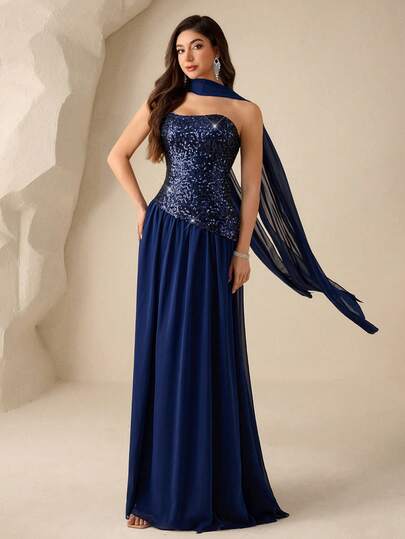 Coutiva Women's Solid Color Sequin Decorated Dress, Formal Gown For Parties