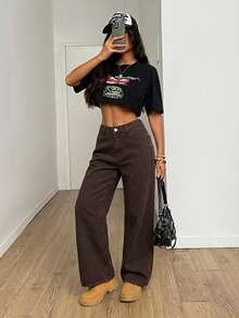 SHEIN PETITE Women's Camouflage Pattern Elastic Waistband Jeans Winter Jeans Party Streetwear Jeans - Brown - View 6
