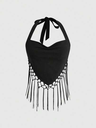 ROMWE Hippie Stylish Tassel Patchwork Sexy Open Back Solid Color Women's Spaghetti Strap Camisole