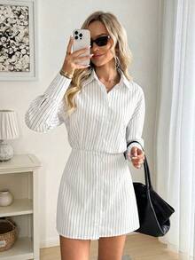 Easowa 翻领收腰A字型纽扣前开襟长袖衬衫裙，巧克力棕色条纹编织休闲优雅办公室通勤复古风秋冬女式短裙 - 白色 - 查看 4