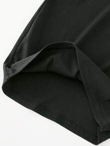 Vestido ajustado de punto acanalado con botones, cuello de contraste y bordado de mariposa para niña preadolescente, vestidos de verano en negro y blanco - Negro - Ver 7