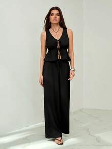 SHEIN Tall Black Knit Women's Casual Vacation Set - Black - View 3