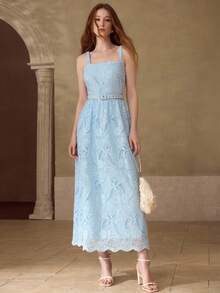 MOTF PREMIUM VESTIDO DE TIRANTES FINOS DE TELA BORDADA ELEGANTE Y ROMÁNTICO PARA MUJER, PRIMAVERA/VERANO - Azul - Ver 4