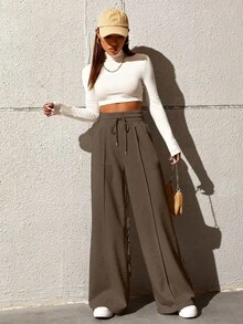 SHEIN Tall CURVE 大码女式纯色抽绳腰休闲百搭通勤阔腿裤 - 摩卡棕 - 查看 5