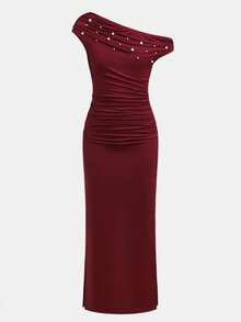 SHEIN 少女优雅串珠褶皱单肩修身针织长裙，适合夏季度假、海滩、休闲优雅返校、约会、派对、婚礼、伴娘、舞会、正式场合、情人节等场合。 - 酒紅色 - 查看 5