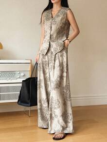 DAZY 女士纹理印花V领收腰背心和宽松阔腿裤两件套休闲优雅套装 - 卡其色 - 查看 4