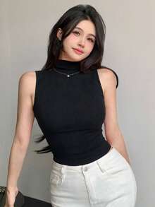 Women's Cotton Slim Fit Mandarin Collar Casual Camisole - Black - View 6