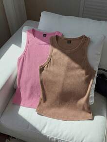 Comfortcana 2pcs Women Solid Color Sleeveless Tight Knit Tank Top Set - Hot Pink - View 7
