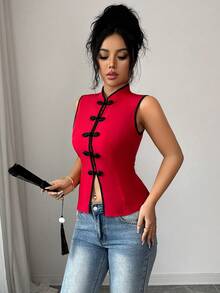 Rafferiza 女士优雅性感衬衫，红色中国风衬衫，春夏衬衫，新年装 - 紅色 - 查看 6