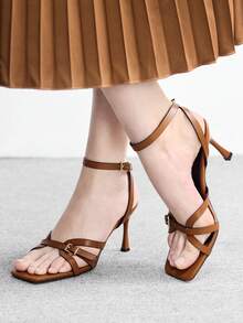 CUCCOO BIZCHIC Women's Simple Fashion Square Toe Stiletto Sandals - Brown - View 5