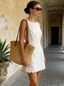 Almamuse 女士度假圆领露背系带休闲无袖连衣裙 - 杏色 - 查看 1