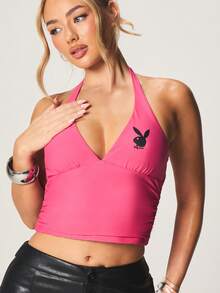 Missguided x Playboy Halter Neck Ruched Deep V Neckline Tank Top With Tie Back Detail Summer Crop Top - Pink - View 5