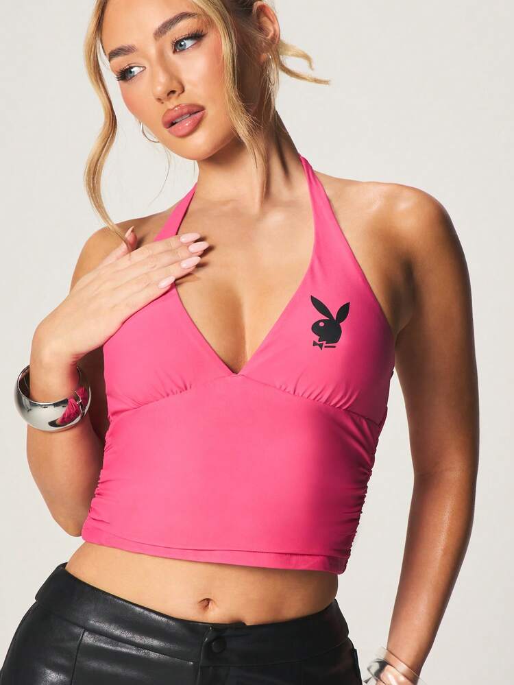 Missguided x Playboy Halter Neck Ruched Deep V Neckline Tank Top With Tie Back Detail Summer Crop Top
