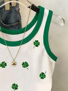 Resyla Clover Pattern Embroidered Contrast Color Round Neck Cropped Tank Top For Women - White - View 4