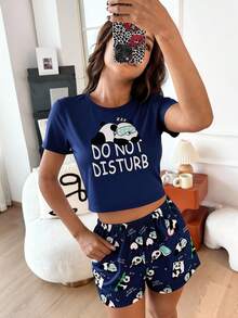 Minimalist Navy Blue Casual Vacation Pajama Set, Panda Print Crew Neck Top And Shorts 2 Pieces Loungewear Set - Violet Purple - View 3