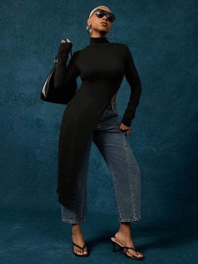 Vixey Black Jersey Mock Neck Long Sleeve Asymmetrical Hem Top