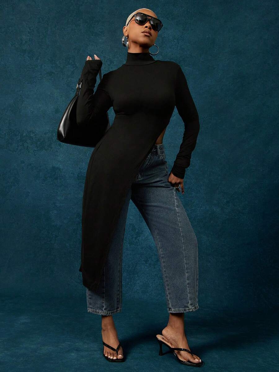 Vixey Black Jersey Mock Neck Long Sleeve Asymmetrical Hem Top - Black - View 1