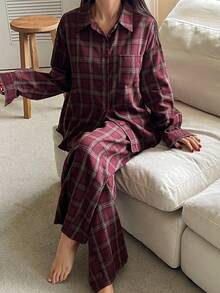 DAZY Women's Plaid Pajama Set, Loose Fit, Suitable For Autumn/Winter And Christmas - Burgundy - View 3