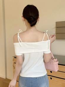 FRIFUL Áo thun nữ màu trơn, dây mảnh, trễ vai, chất liệu gân, phong cách tối giản, thích hợp cho mùa hè. - trắng - Xem 2