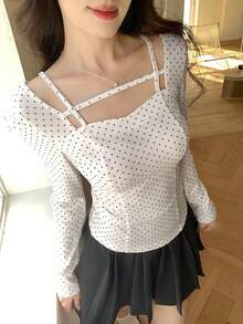 FRIFUL 女士甜心领吊带长袖修身波点T恤 - 杏色 - 查看 7