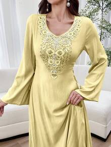 Al Najma Đầm kiểu Ả Rập thanh lịch dành cho nữ, cổ chữ V, tay loe, thắt eo, đính ren tan trong nước. - Màu vàng - Xem 6