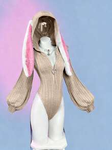 Sunspun Women's Solid Color Knitted Elastic Hooded Rabbit Ear Bodysuit, Anime Inspired Top, Cute, Rabbit Ears, Spring/Autumn, Winter - Pink - View 1