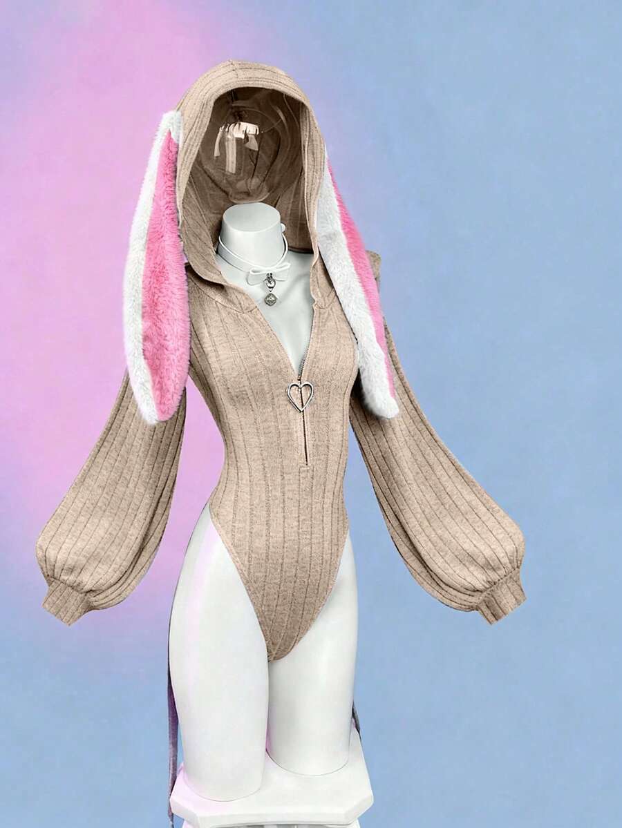 Sunspun Women's Solid Color Knitted Elastic Hooded Rabbit Ear Bodysuit, Anime Inspired Top, Cute, Rabbit Ears, Spring/Autumn, Winter - Pink - View 1