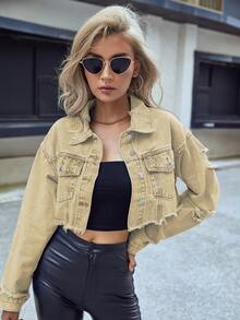 SHEIN ICON 女士时尚休闲水洗做旧短款牛仔外套 - 卡其色 - 查看 4